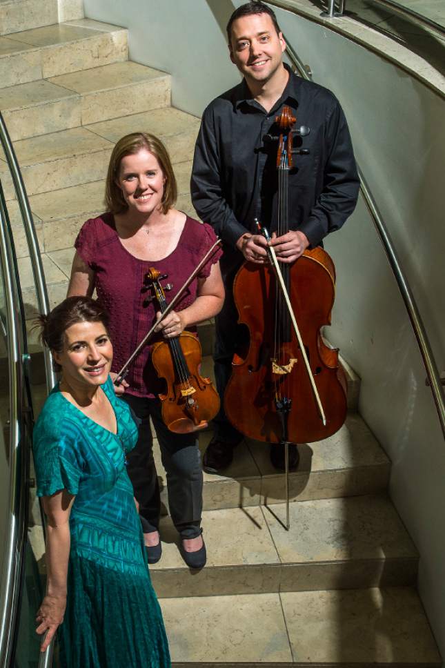 Chris Detrick  |  The Salt Lake Tribune
Intermezzo Chamber Music's Matthew Johnson, cello, Madeline Adkins, violin, and Vedrana Subotic, piano, pose for a portrait at Westminster College Jewett Center in Salt Lake City on Tuesday, June 6, 2017.
