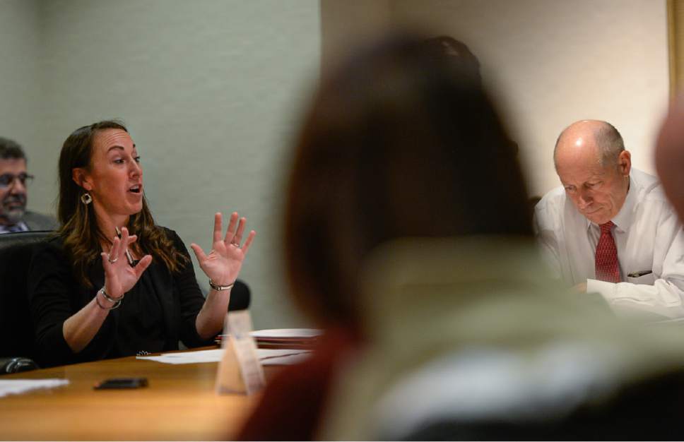 Francisco Kjolseth  |   Tribune file photo
Janell Fluckiger, Executive Director at the private nonprofit Shelter the Homeless Inc., discusses the future of a local collaboration to reduce homelessness at a May 2017 board meeting in Salt Lake City.