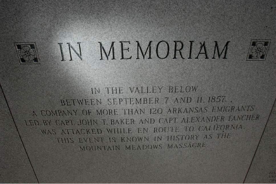 Steve Griffin  |  The Salt Lake Tribune
A granite panel describes the Mountain Meadows Massacre and lists the names of the people killed.