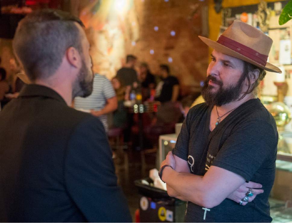 Rick Egan  |  The Salt Lake Tribune

Tyler Glen, Neon Trees, chats with Corey Fox at the 6-month anniversary of The Moth & The Flames lead singer Brandon Robbins' life-saving gift to Velour Live Music Gallery owner, Corey Fox, at Velour Live Music Gallery, Saturday, June 24, 2017.
