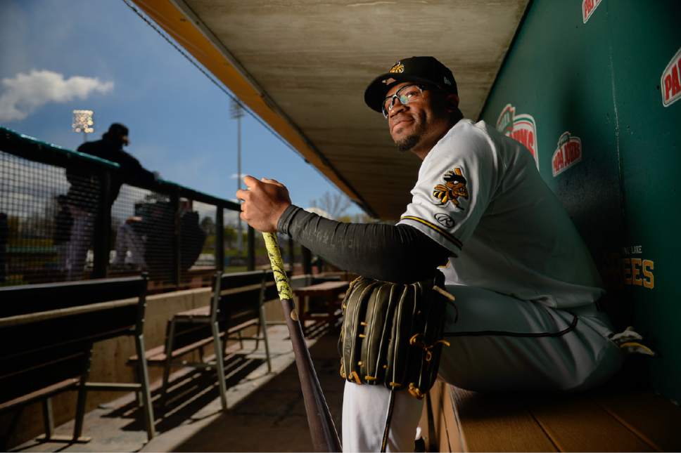Francisco Kjolseth | The Salt Lake Tribune
Outfielder Eric Young Jr. Salt Lake Bees' annual media day, a prelude to the start of the season, kicks off at Smith's Ballpark on Tuesday, April 4, 2017.