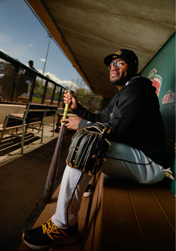 Francisco Kjolseth | The Salt Lake Tribune
Outfielder Eric Young Jr. Salt Lake Bees' annual media day, a prelude to the start of the season, kicks off at Smith's Ballpark on Tuesday, April 4, 2017.