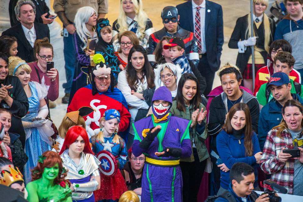 Chris Detrick  |  The Salt Lake Tribune
Cosplayers listen during a press conference for Salt Lake Comic Con at the Utah State Capitol Wednesday, May 17, 2017.
