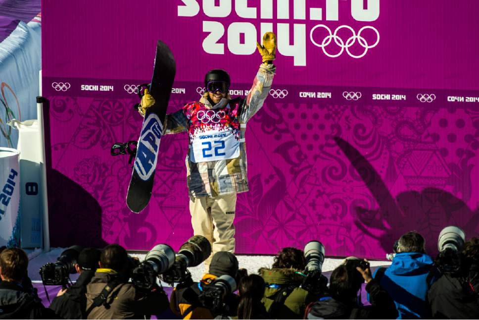 Chris Detrick  |  The Salt Lake Tribune

Sage Kotsenburg, of Park City, reacts after competing in the Men's Slopestyle Finals at the Rosa Khutor Extreme Park during the 2014 Sochi Olympic Games Saturday February 8, 2014. Kotsenburg won the gold medal with a score of 93.50.