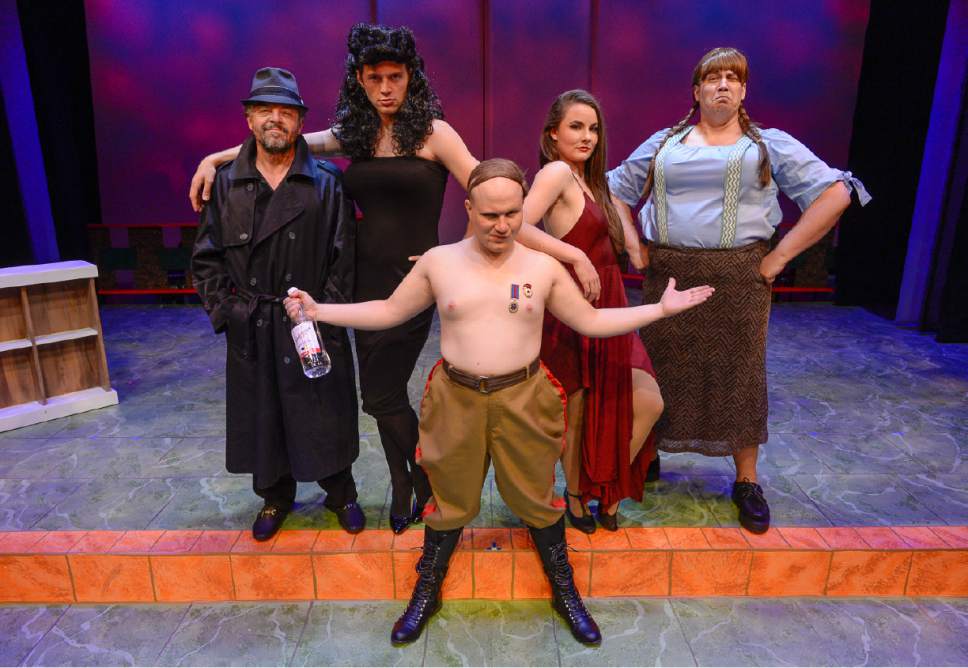 Francisco Kjolseth | The Salt Lake Tribune
Salt Lake Acting Company's new "Saturday's Voyeur" show has a spy-versus-spy plot line for 2017, with music inspired by ìMission: Impossibleî and James Bond themes. Pictured from left are Dan Larrinaga, CJ Strong, Eb Madson, Emilie Starr and Justin Ivie.