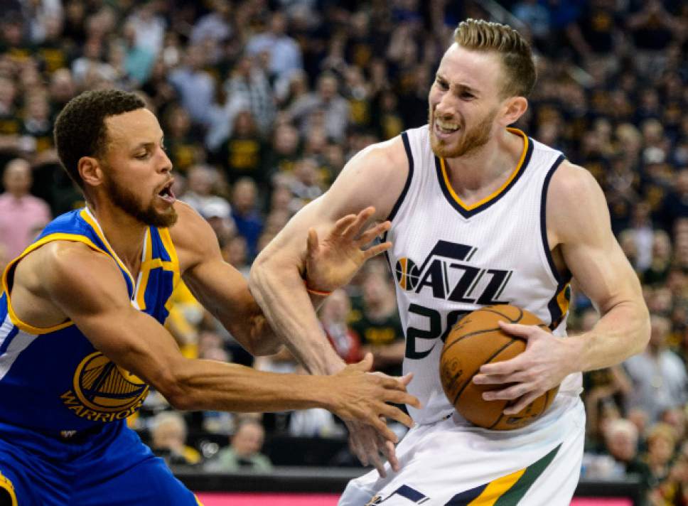 Steve Griffin  |  The Salt Lake Tribune


Utah Jazz forward Gordon Hayward (20) is fouled by Golden State Warriors guard Stephen Curry (30) during game 4 of the NBA playoff game between the Utah Jazz and the Golden State Warriors at Vivint Smart Home Arena in Salt Lake City Monday May 8, 2017.