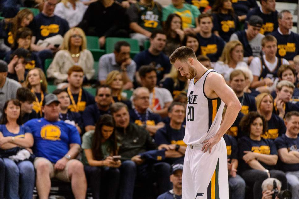 Trent Nelson  |  The Salt Lake Tribune
Utah Jazz forward Gordon Hayward (20) on the court in the final minute, as the Utah Jazz host the Golden State Warriors in Game 3 of the second round, NBA playoff basketball in Salt Lake City, Saturday May 6, 2017.