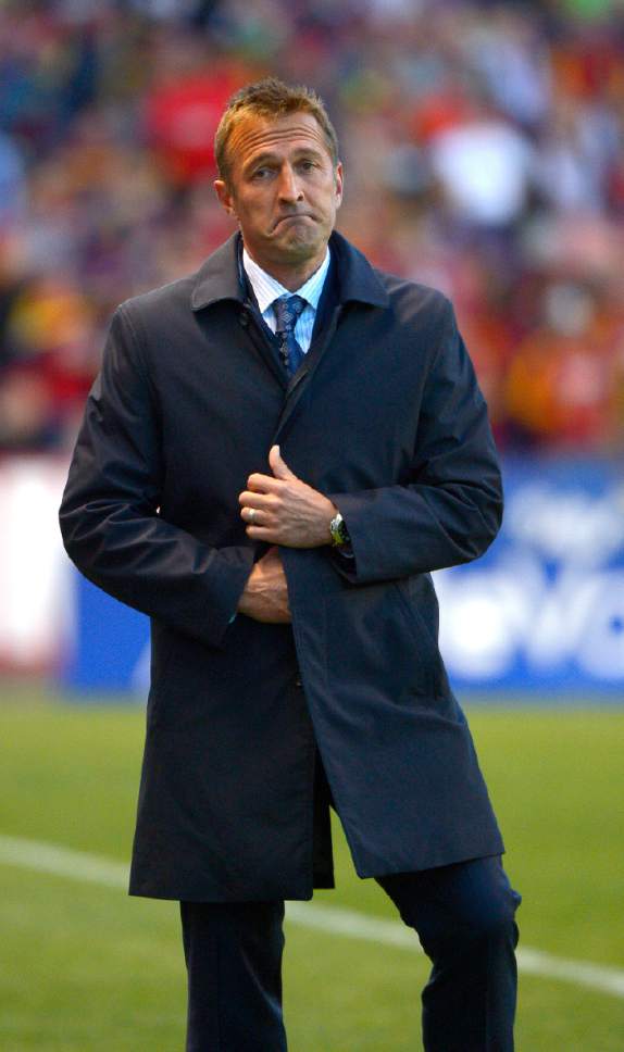 New York City FC coach and former Real player Jason Kreis reacts to play during an MLS soccer game between the teams Saturday, May 23, 2015, in Sandy, Utah. (Leah Hogsten/The Salt Lake Tribune via AP)
