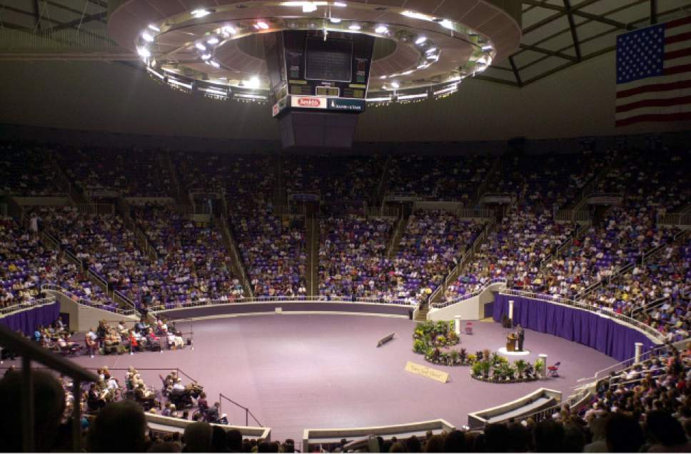 Jeremy Harmon  |  Tribune file photo
Thousands of people attend a convention for Jehovah's Witnesses at the Dee Events Center in Ogden in 2003. A similar gathering is planned for this weekend.