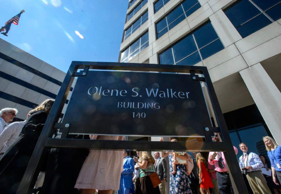 Steve Griffin  |  The Salt Lake Tribune


Dignitaries, employees and family members pose for photographs during the renaming ceremony of the DWS building, background, in honor of former Gov. Olene Walker. Twenty years ago, Walker led an effort to make Utah the first state to consolidate employment and public assistance programs. The event was held outside the DWS building in Salt Lake City on Thursday, June 29, 2017.