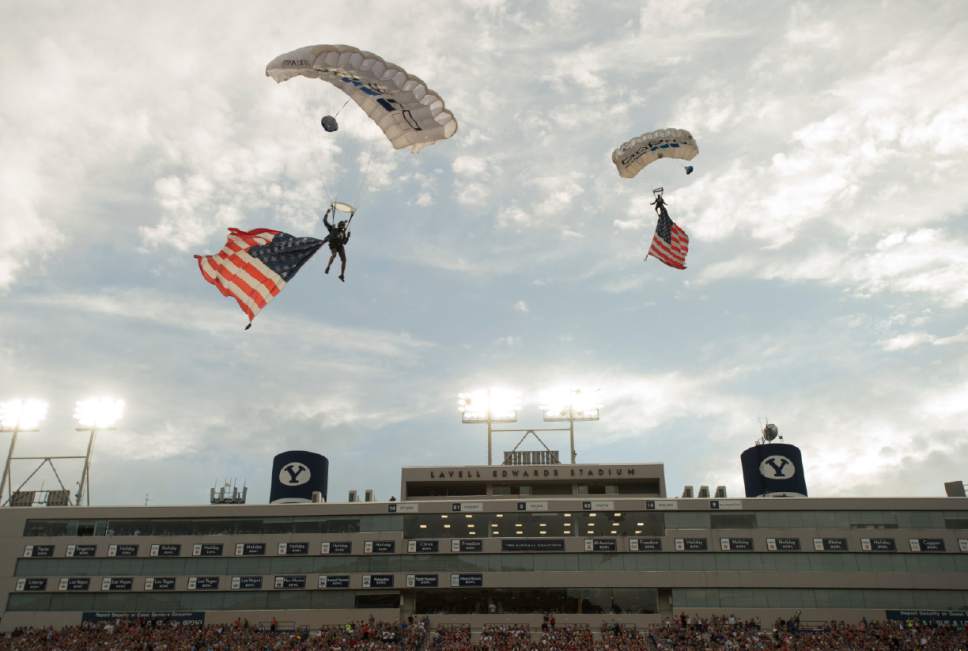Rick Egan  |  The Salt Lake Tribune

The Rockwell Airtime Skydivers land at LaVell Edwards Stadium during the 36th annual Stadium of Fire in Provo, Saturday, July 2, 2016.