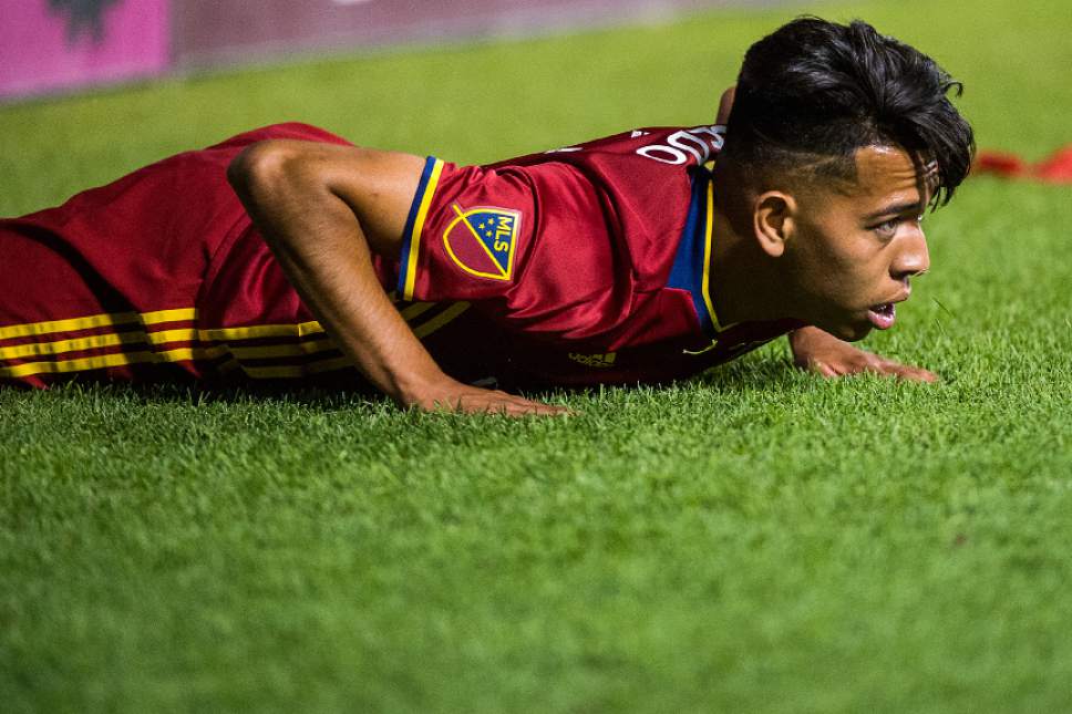 Chris Detrick  |  The Salt Lake Tribune
Real Salt Lake midfielder Sebastian Saucedo (23) remains on the ground after sliding out of bounds during the game at Rio Tinto Stadium Friday, June 30, 2017.