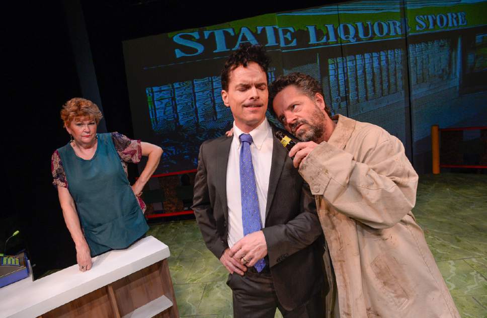 Francisco Kjolseth | The Salt Lake Tribune
Salt Lake Acting Company's new "Saturday's Voyeur" show has a spy-versus-spy plot line for 2017, with music inspired by ìMission: Impossibleî and James Bond themes. Pictured are Annette Wright, Eric Lee Brotherson as Congressman Jason Chaffetz and Dan Larrinaga.