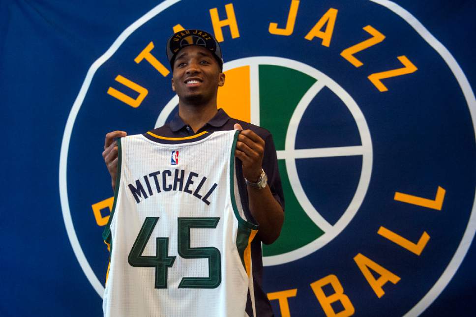 Chris Detrick  |  The Salt Lake Tribune
Utah Jazz's Donovan Mitchell poses for photos at The Grand America Hotel Wednesday, June 28, 2017.