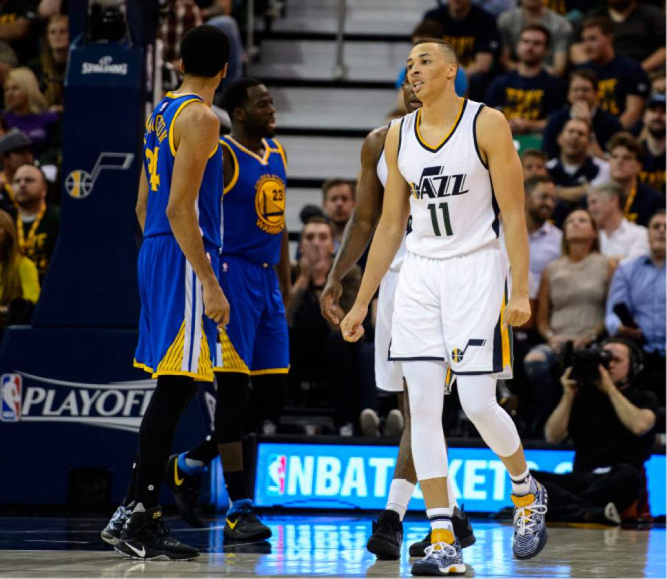 Steve Griffin  |  The Salt Lake Tribune


Utah Jazz guard Dante Exum (11) shrugs as the the Warriors build a big lead late in game 4 of the NBA playoffs at Vivint Smart Home Arena in Salt Lake City Monday May 8, 2017.