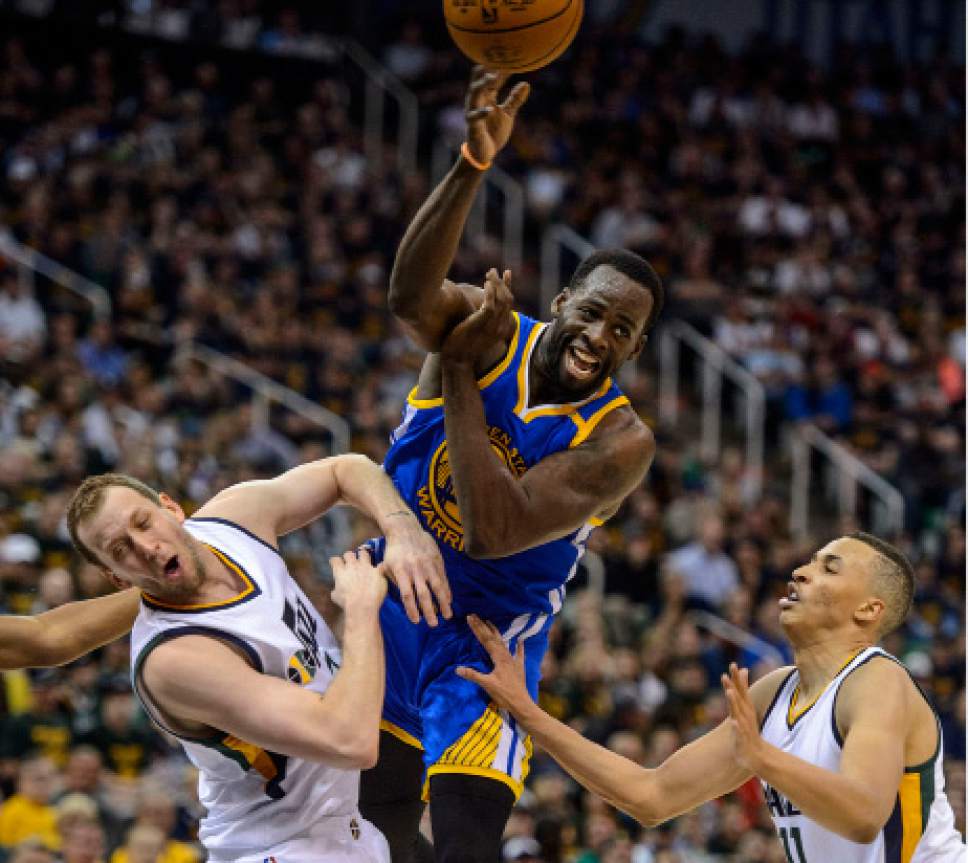 Steve Griffin  |  The Salt Lake Tribune


Golden State Warriors forward Draymond Green (23) crashes through Utah Jazz forward Joe Ingles (2) and Utah Jazz guard Dante Exum (11) during game 4 of the NBA playoff game between the Utah Jazz and the Golden State Warriors at Vivint Smart Home Arena in Salt Lake City Monday May 8, 2017.