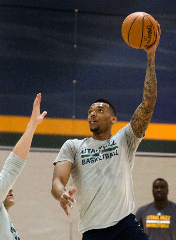 Rick Egan  |  The Salt Lake Tribune

Utah Jazz forward Joel Bolomboy practices at the Utah Jazz practice facility, in Salt Lake City, Thursday, April 20, 2017.