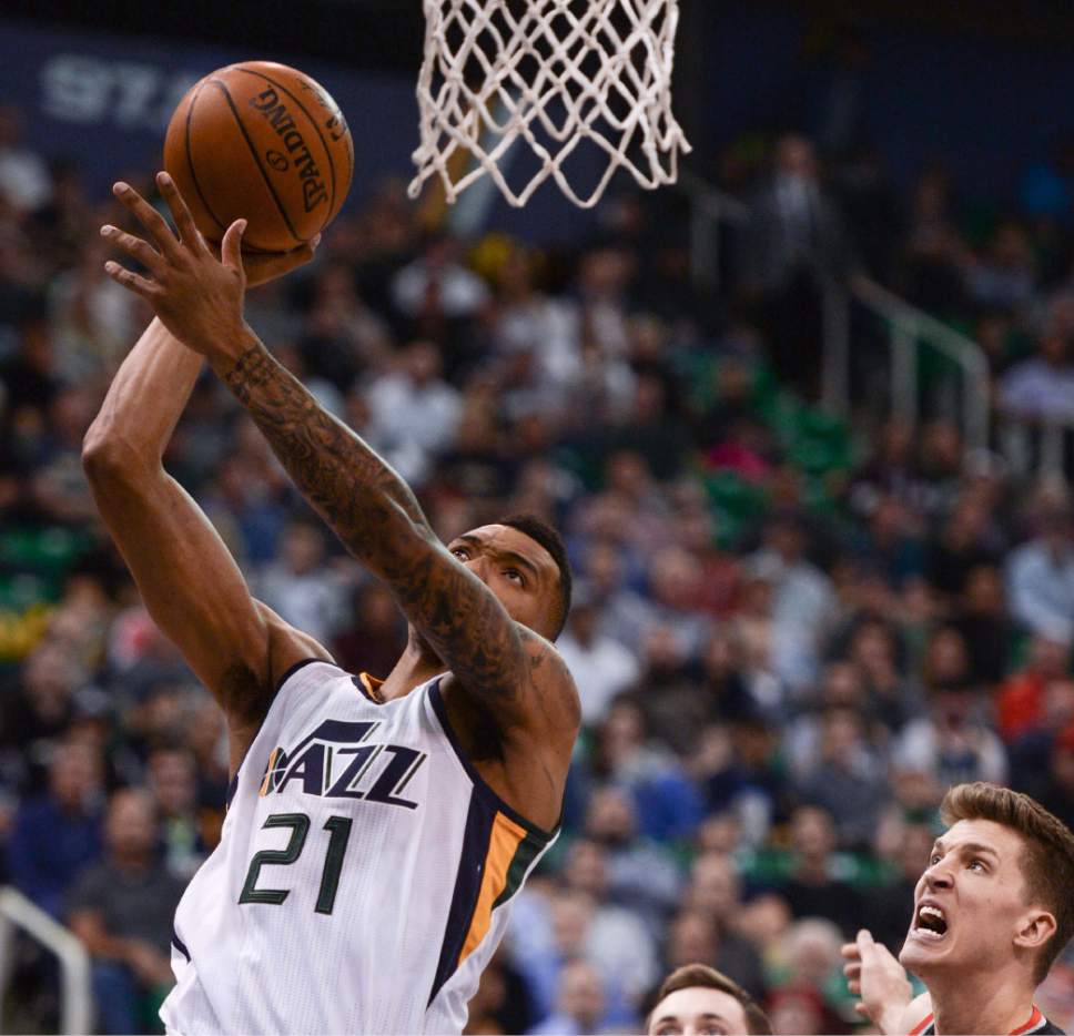 Steve Griffin  |  The Salt Lake Tribune


Utah Jazz forward Joel Bolomboy (21) gets to the basket for two points during the Utah Jazz versus Portland Trailblazers NBA basketball game at Vivint Smart Home Arena in Salt Lake City Tuesday April 4, 2017.