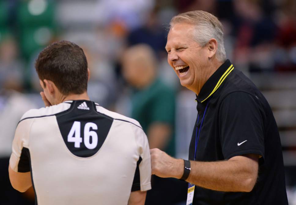 Steve Griffin / The Salt Lake Tribune

Danny Ainge, President of Basketball Operations for the Boston Celtics laughs with the officials prior to the Jazz versus Celtics summer league game at the Vivint Smart Home Arena in Salt Lake City Tuesday July 5, 2016.