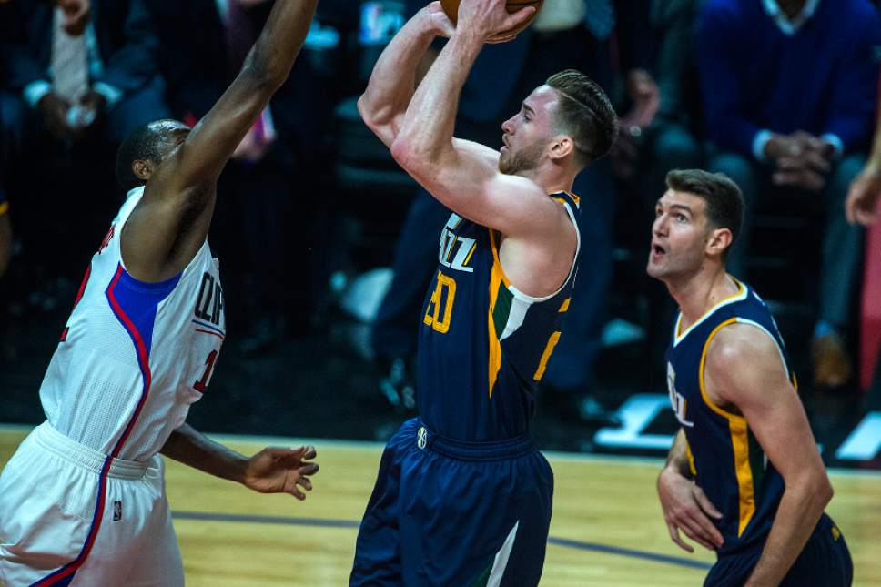 Chris Detrick  |  The Salt Lake Tribune
Utah Jazz forward Gordon Hayward (20) shoots past LA Clippers forward Luc Mbah a Moute (12) during Game 1 of the Western Conference at the Staples Center Saturday, April 15, 2017.