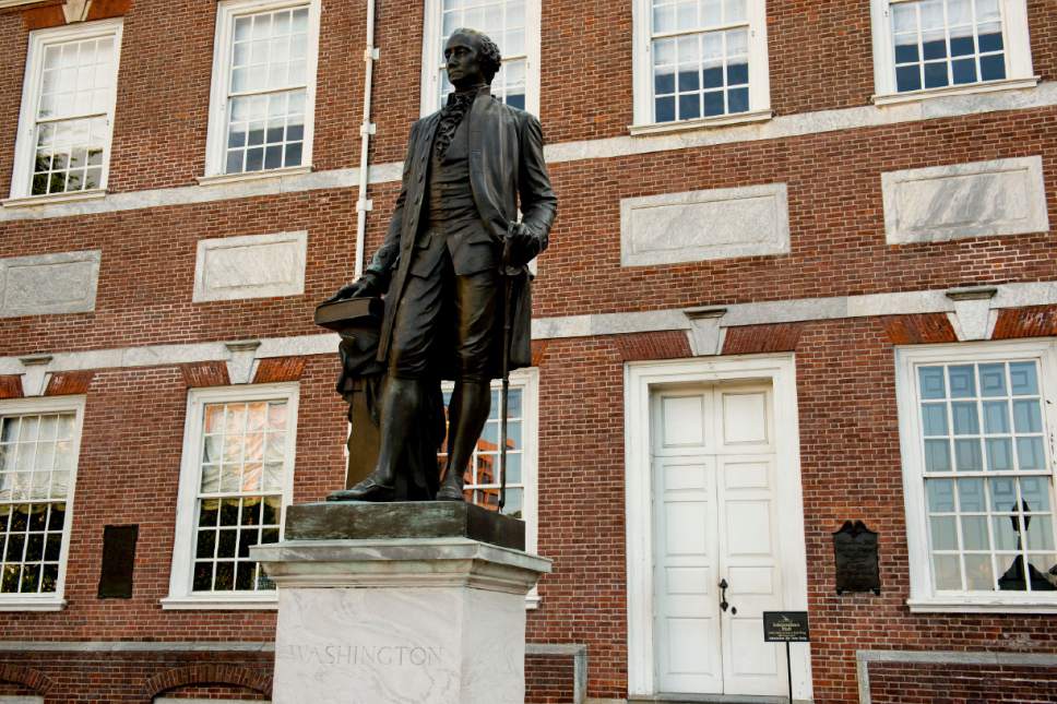 Jeremy Harmon  |  The Salt Lake Tribune

A statue of George Washington stands outside Independence Hall in Philadelphia on Wednesday, Sept. 14, 2016.