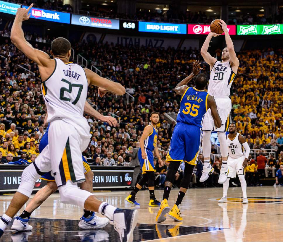 Trent Nelson  |  The Salt Lake Tribune
Utah Jazz forward Gordon Hayward (20) shoots as the Utah Jazz host the Golden State Warriors in Game 3 of the second round, NBA playoff basketball in Salt Lake City, Saturday May 6, 2017.