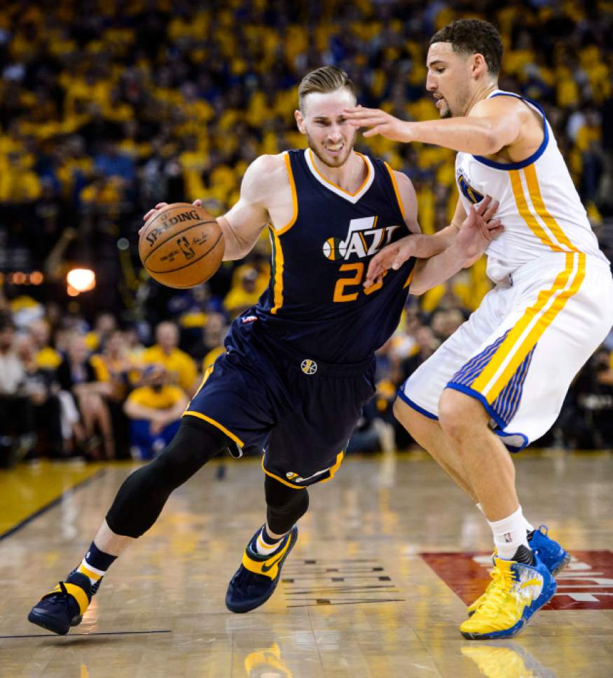 Steve Griffin  |  The Salt Lake Tribune


Utah Jazz forward Gordon Hayward (20) drives against Golden State Warriors guard Klay Thompson (11) during game 2 of the NBA playoff game between the Utah Jazz and the Golden State Warriors at Oracle Arena in Oakland Thursday May 4, 2017.