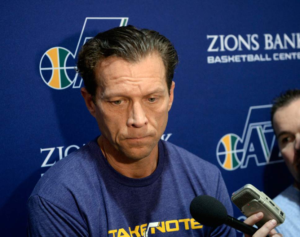 Al Hartmann  |  The Salt Lake Tribune
Utah Jazz coach Quin Snyder speaks to the local sports media in Salt Lake City Friday May 5 on the playoff series with Golden State.