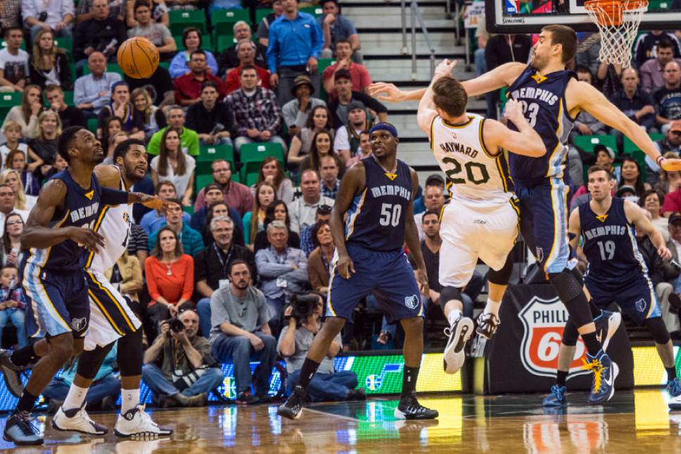 Chris Detrick  |  The Salt Lake Tribune
Utah Jazz forward Gordon Hayward (20) and Memphis Grizzlies center Marc Gasol (33) go after the ball during the game at EnergySolutions Arena Friday April 10, 2015. Memphis Grizzlies won the game 89-88.