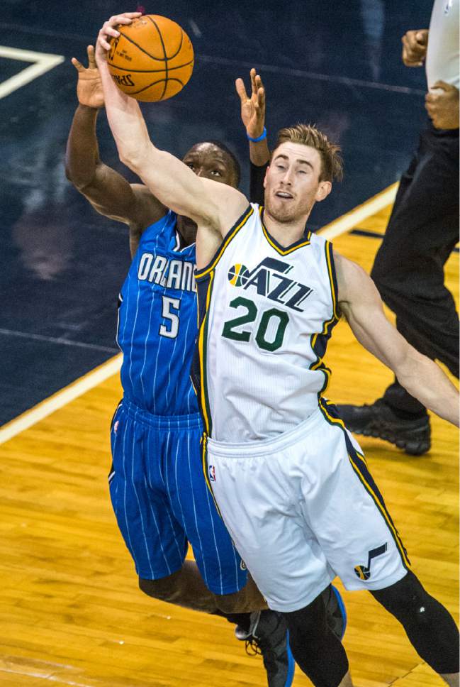 Chris Detrick  |  The Salt Lake Tribune
Utah Jazz forward Gordon Hayward (20) steals the ball from Orlando Magic guard Victor Oladipo (5) during the game at Vivint Smart Home Arena Thursday December 3, 2015.