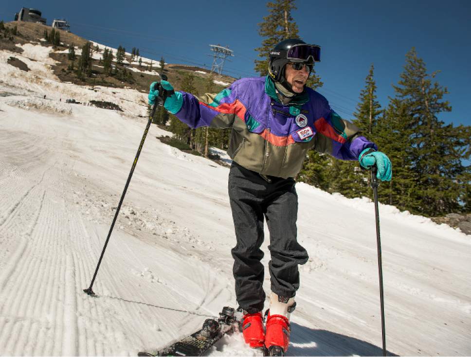 Leah Hogsten  |  The Salt Lake Tribune
celebrated his 100th birthday with a couple of ski runs down Chip's Run from the top of the Peruvian Lift at Snowbird on July 5, 2017.