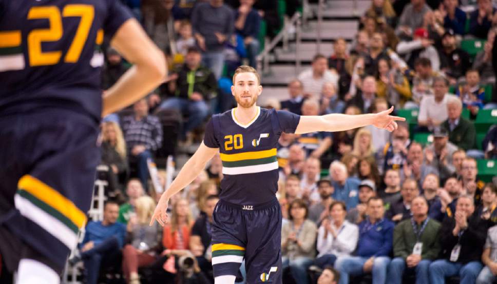 Lennie Mahler  |  The Salt Lake Tribune

Gordon Hayward motions after he scored a three-point basket in the first half of a game between the Utah Jazz and the Boston Celtics at Vivint Smart Home Arena on Saturday, Feb. 11, 2017.