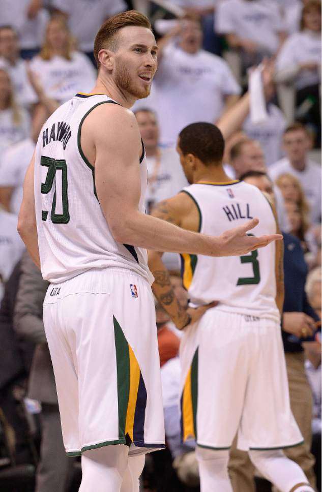 Leah Hogsten  |  The Salt Lake Tribune 
Utah Jazz forward Gordon Hayward (20) questions the foul called on him. The Utah Jazz lead the Los Angeles Clippers after the third quarter during Game 3 of their first-round Western Conference playoff series at Vivint Smart Home Arena, Friday, April 21, 2017.