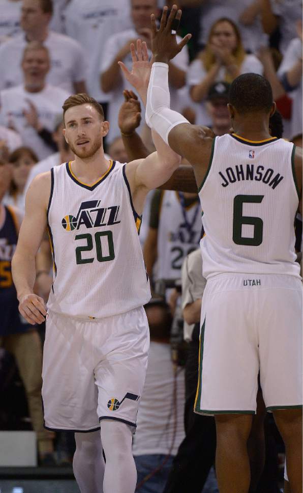 Leah Hogsten  |  The Salt Lake Tribune 
Utah Jazz forward Gordon Hayward (20) celebrates play with Utah Jazz forward Joe Johnson (6). The Utah Jazz lead the Los Angeles Clippers after the third quarter during Game 3 of their first-round Western Conference playoff series at Vivint Smart Home Arena, Friday, April 21, 2017.
