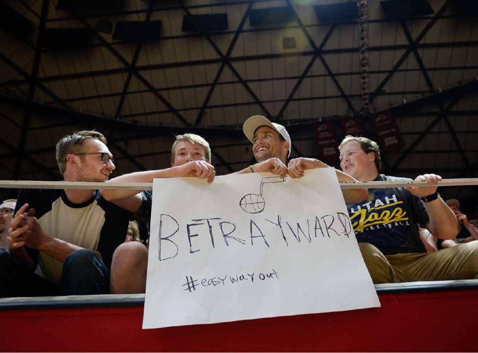 Francisco Kjolseth | The Salt Lake Tribune
Utah Jazz fans Dallas and Nick McMurtrey, Andrew Remvacz and Dillan Taylor, from left, express their displeasure with Gordon Hayward as the Jazz take on the Celtics during the NBA Summer league basketball game at the Huntsman Center, July 6, 2017, in Salt Lake City.
