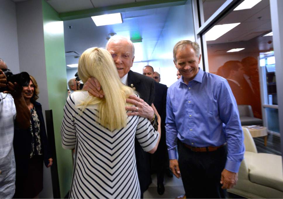 Scott Sommerdorf   |  The Salt Lake Tribune


Sen. Orrin Hatch hugs Elizabeth Smart as he greets her and her father, Ed Smart, right, prior to touring the Utah State Crime Lab in Taylorsville on Thursday, July 6, 2017.