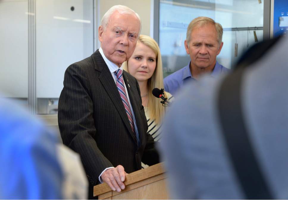 Scott Sommerdorf   |  The Salt Lake Tribune  


Sen. Orrin Hatch, along with Ed and Elizabeth Smart, speak to the media as they tour the Utah State Crime Lab in Taylorsville on Thursday, July 6, 2017.