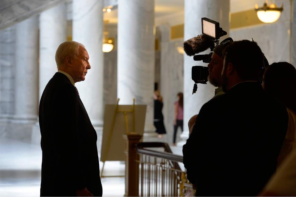 Scott Sommerdorf   |  The Salt Lake Tribune  
Sen. Orrin Hatch, R-Utah, is interviewed outside the Board Room after having spoken at the FWD.us Utah Coalition Launch event taking place today at the Utah State Capitol, Thursday, July 6, 2017. The group was seeking to raise awareness for a range of immigration reform issues.