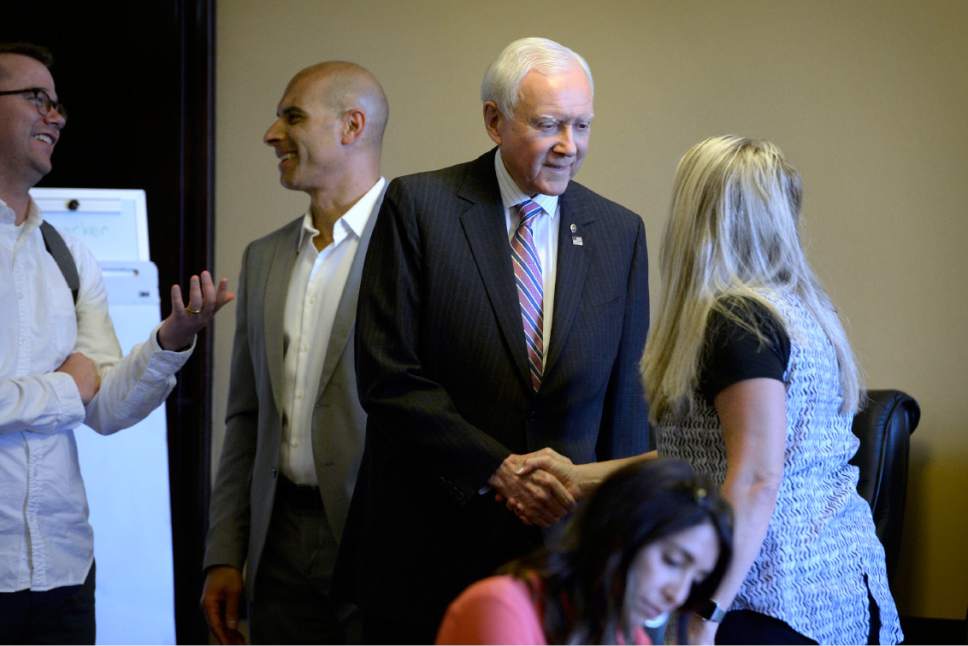 Scott Sommerdorf   |  The Salt Lake Tribune  
Sen. Orrin Hatch, R-Utah, greets attendees prior to speaking at the FWD.us Utah Coalition launch event at the Utah State Capitol on Thursday. The group wants to raise awareness for a range of immigration reform issues.