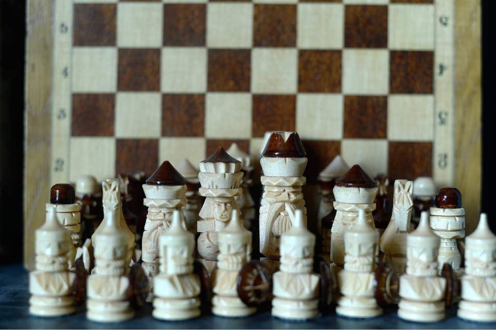 Scott Sommerdorf   |  The Salt Lake Tribune  
Nineteen-year-old Kayden Troff collects a chess set from each new country he visits while playing tournament. This one is from Finland. Troff will be competing in the U.S. Junior Championship in St.Louis  – a tournament he won in 2014. He heads off on his two-year religious mission to Australia in October.