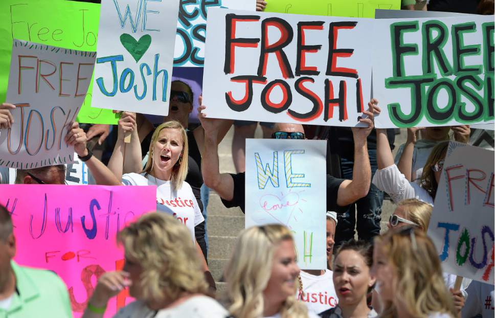 Scott Sommerdorf   |  The Salt Lake Tribune  
A crowd of friends and family shout "Bring Home Josh!" at the end of a rally on the east steps of the Utah State Capitol for 24-year-old Josh Holt, who is currently jailed in Venezuela, Saturday, July 30, 2016.
