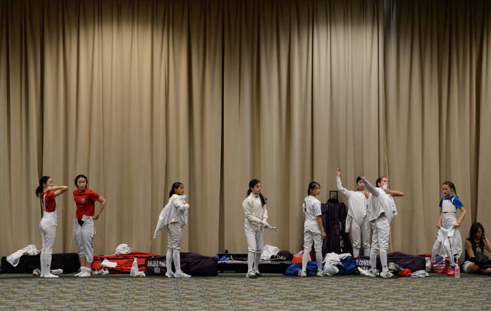 Francisco Kjolseth  |  The Salt Lake Tribune
Young fencers prepare for the foil during a clinic as part of the USA Fencing National Championships in Salt Lake City on Friday, July 7, 2017. More than 4,000 athletes from around the globe are competing.