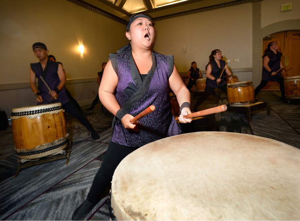 Scott Sommerdorf   |  The Salt Lake Tribune  
Taiko drummer Lindsey Wilbur performs with the Ogden Buddhist Taiko Group during the Topaz Museum Dinner and Reception at the Sheraton Hotel in Salt Lake City, Friday, July 7, 2017.