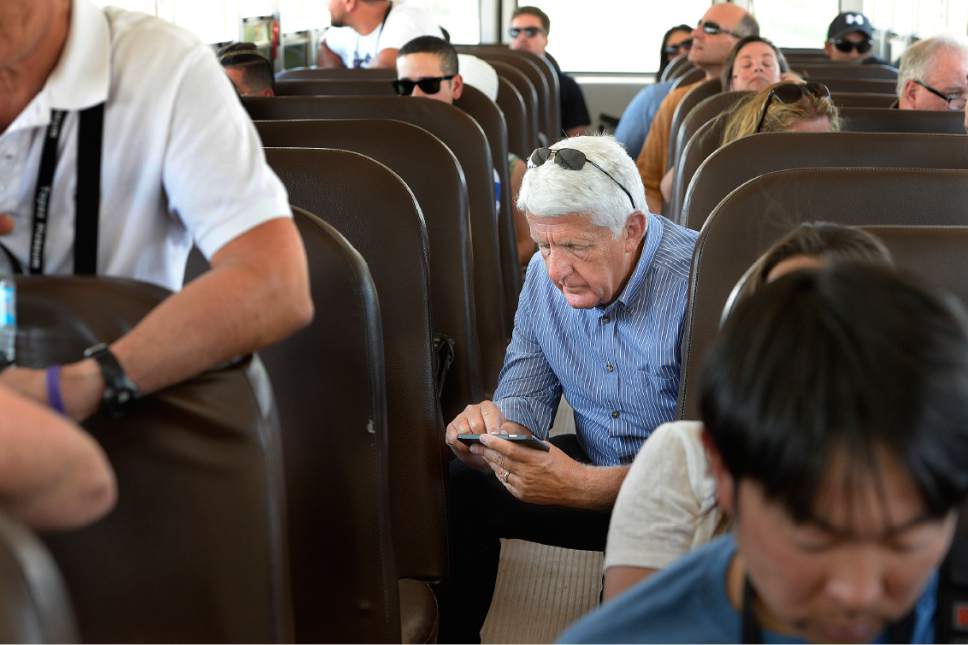 Scott Sommerdorf   |  The Salt Lake Tribune  
Congressman Rob Bishop, R-Utah, sends a text during the bus drive from Delta to the site of the Topaz Internment Camp, Saturday, July 8, 2017.