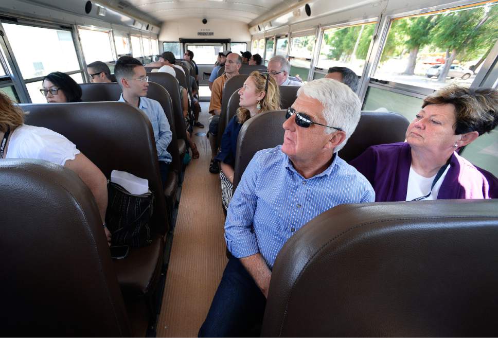 Scott Sommerdorf   |  The Salt Lake Tribune  
Congressman Rob Bishop, R-Utah, and his wife Jeralynn, right, look at points of interest in Delta as the tour guide points out remnants of the Topaz Internment Camp that were repurposed for housing in the town. The Bishops were taking a bus drive with others from Delta, to the site of the Topaz Internment Camp, Saturday, July 8, 2017.