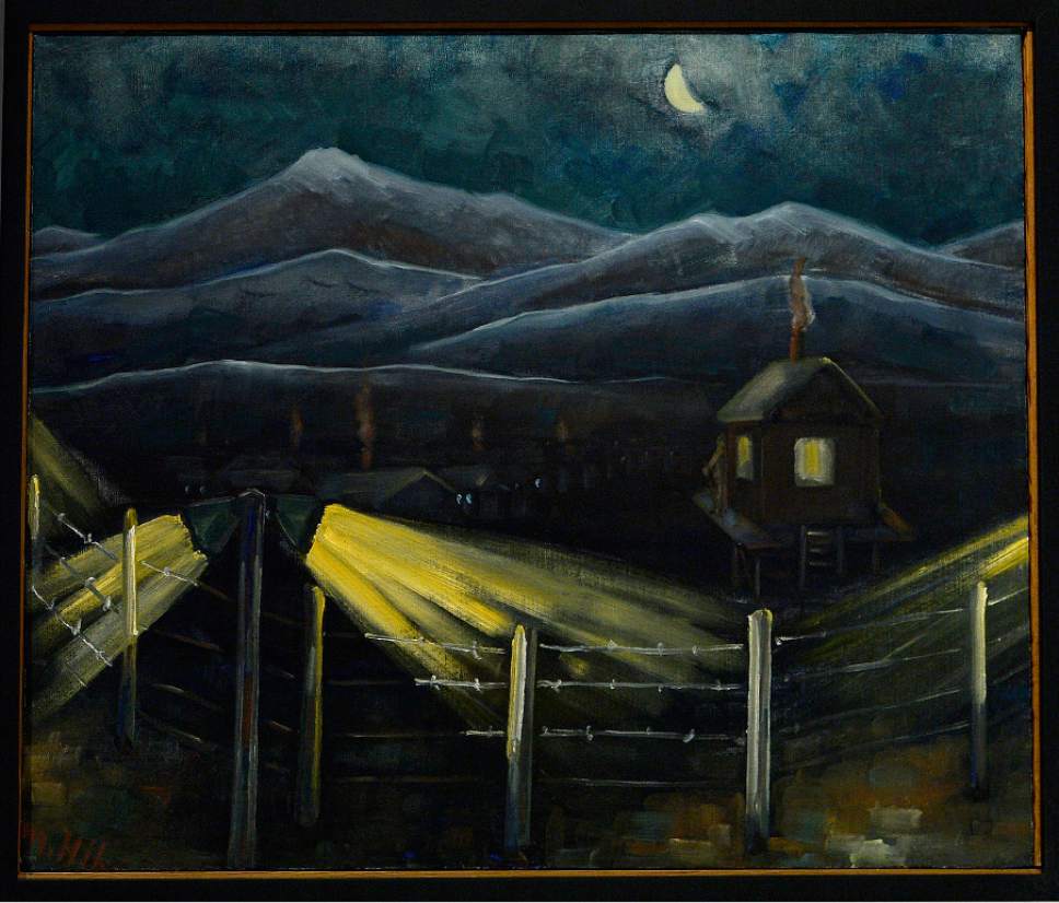 Scott Sommerdorf   |  The Salt Lake Tribune  
The painting entitled "Search Lights" by artist George Matsusaburo Hibi, depicting life in the internment camp is on display in the new Topaz Museum in Delta, Saturday, July 8, 2017.