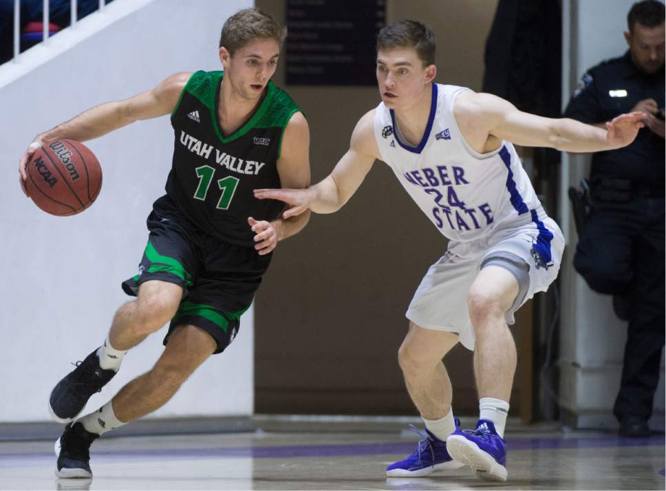 Rick Egan  |  The Salt Lake Tribune

Utah Valley Wolverines guard Conner Toolson (11) dribbles the ball as Weber State Wildcats guard McKay Cannon (24) defends, in basketball action, Weber State Wildcats vs Utah Valley Wolverines, in Ogden, Saturday, December 17, 2016.