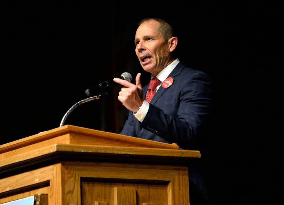 Scott Sommerdorf | Tribune file photo
Provo Mayor and congressional candidate John Curtis speaks at the Republican Special Convention for Utah's 3rd Congressional District to pick the party nominee to replace retired Rep. Jason Chaffetz, held at Timpview High School, Saturday, June 17, 2017. Former Rep. Chris Herrod emerged as the clear favorite of GOP delegates.