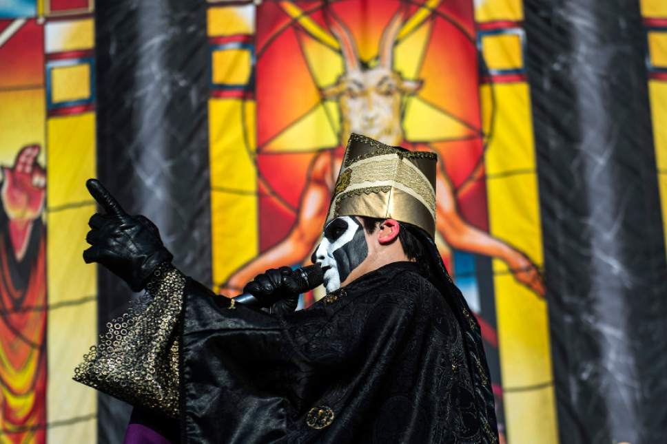 Chris Detrick  |  The Salt Lake Tribune
Ghost, featuring singer Papa Emeritus III and five musicians known only as Nameless Ghouls, perform at USANA Amphitheatre Friday, July 7, 2017.