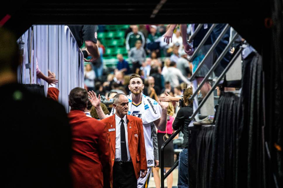 Chris Detrick  |  The Salt Lake Tribune
Utah Jazz forward Gordon Hayward (20) walks off of the court after the game at Vivint Smart Home Arena Friday, April 7, 2017.  Utah Jazz defeated Minnesota Timberwolves 120-113.